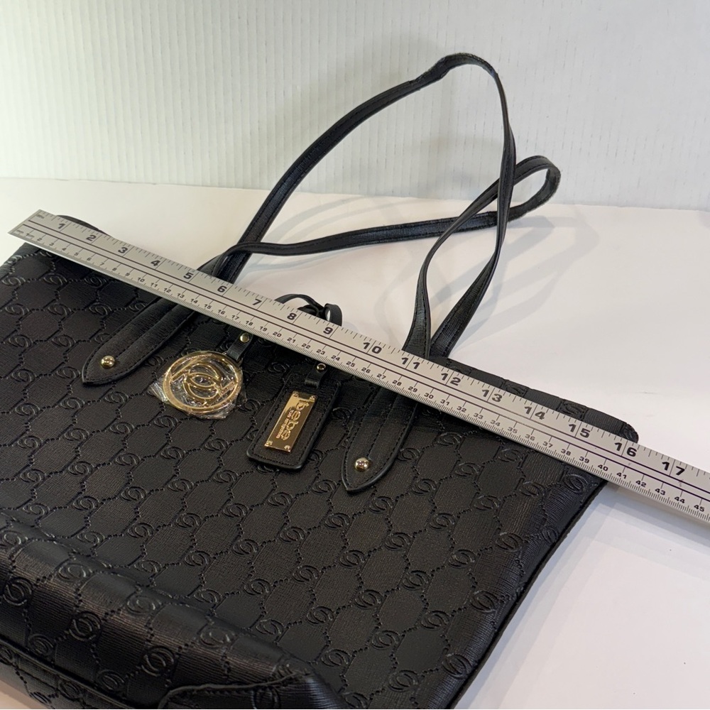 Bebe Embossed Black Logo Tote – Gold Charm & Saffiano Finish Chic - Picture 8 of 16